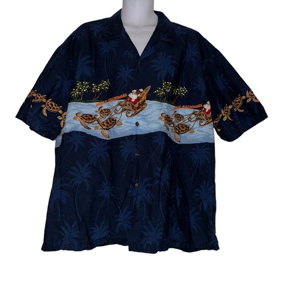 Vtg Pacific Legend Santa Hawaiian Shirt Mens 3XL Mele Kalikimaka Turtle Holiday - Picture 1 of 9